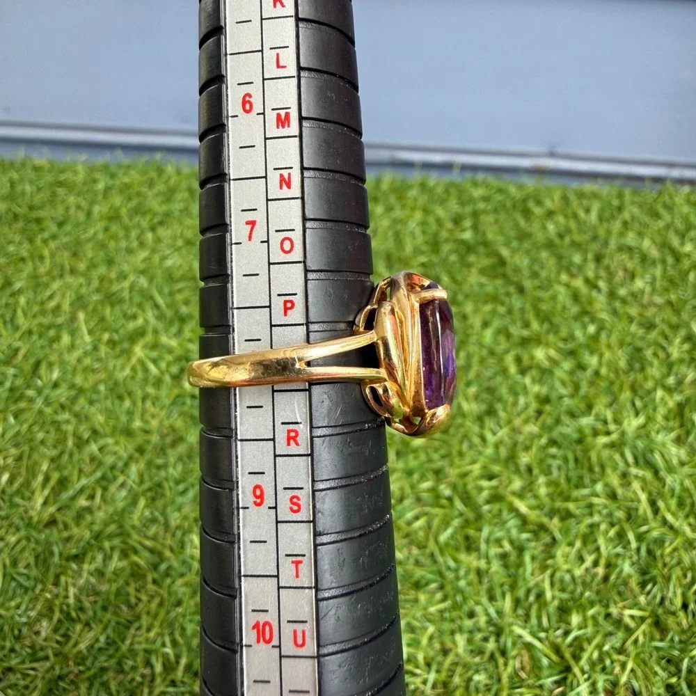 Vtg 80s 14k Yellow Gold Ring Engagement Promise Faceted Amethyst Cabochon Size 8